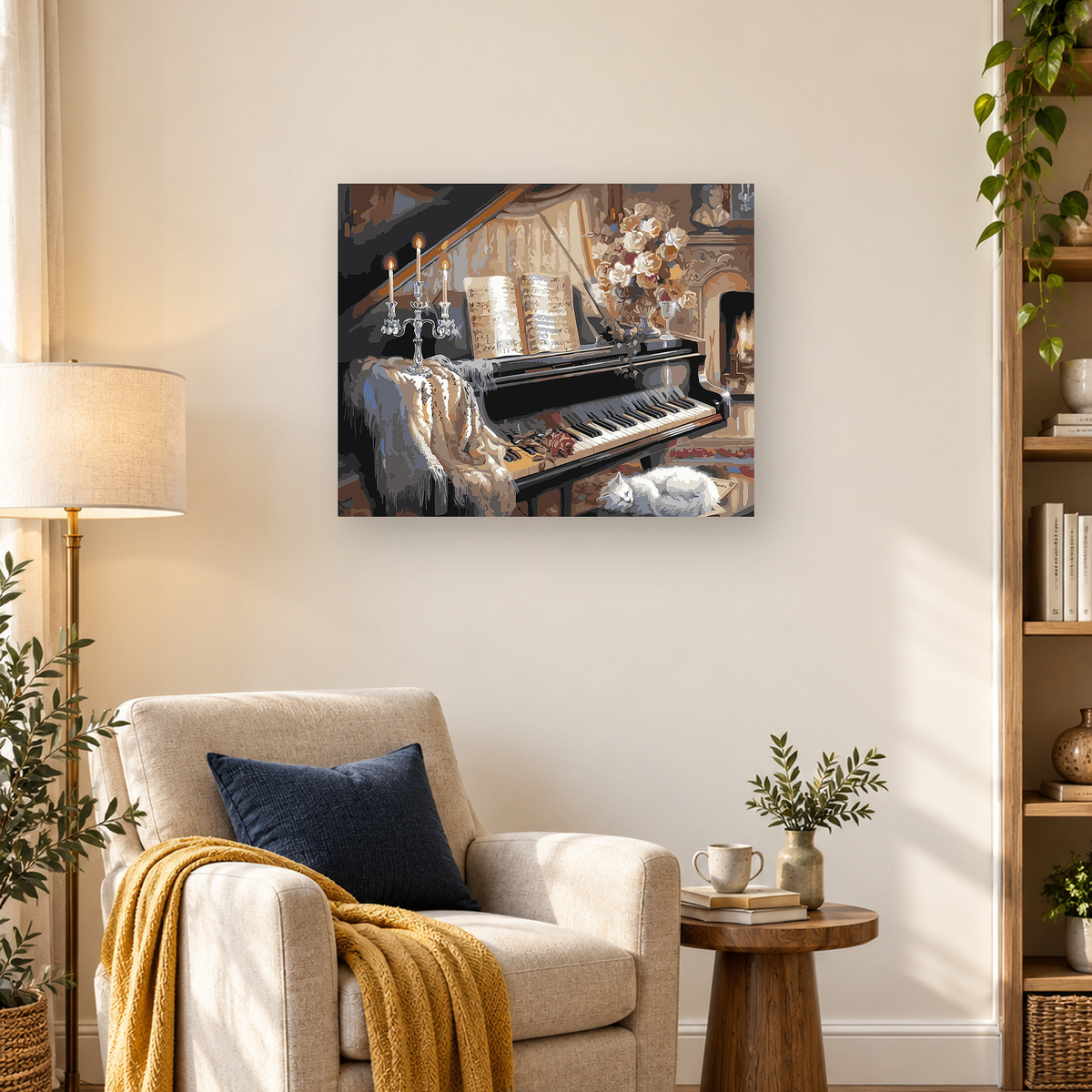 Vintage upright piano with sheet music, candles, flowers, fireplace, and a white cat — 03_lifestyle_hero