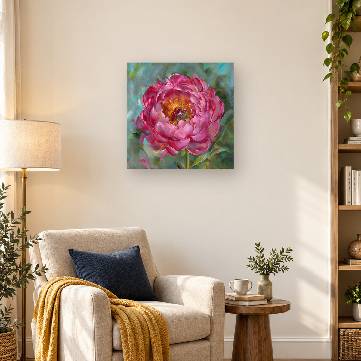 Close-up painterly pink peony with a yellow-orange center, green foliage, and turquoise background — 03_lifestyle_hero