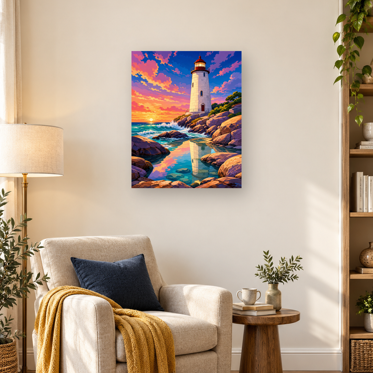 MalaMind Gallery V3 | 03 Lifestyle Hero | LI-261006-002 | White lighthouse beside turquoise water and rocks beneath a vivid coral and blue sunset sky
