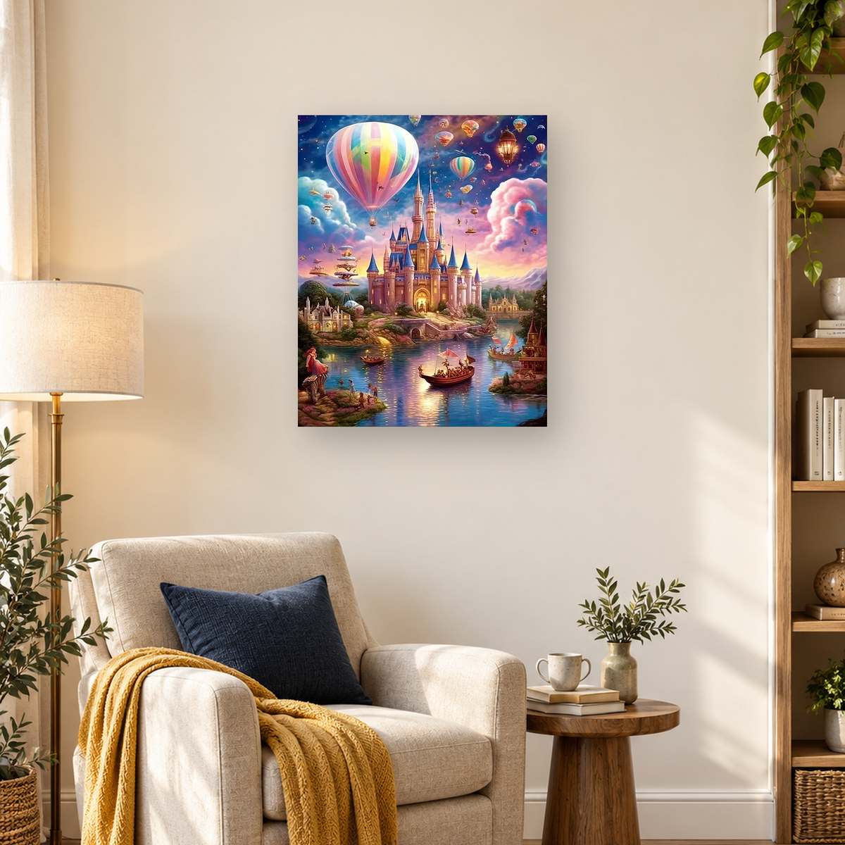 Fantasy castle beside a reflective river with boats, floating structures, mountains, and colorful hot air balloons — 03_lifestyle_hero