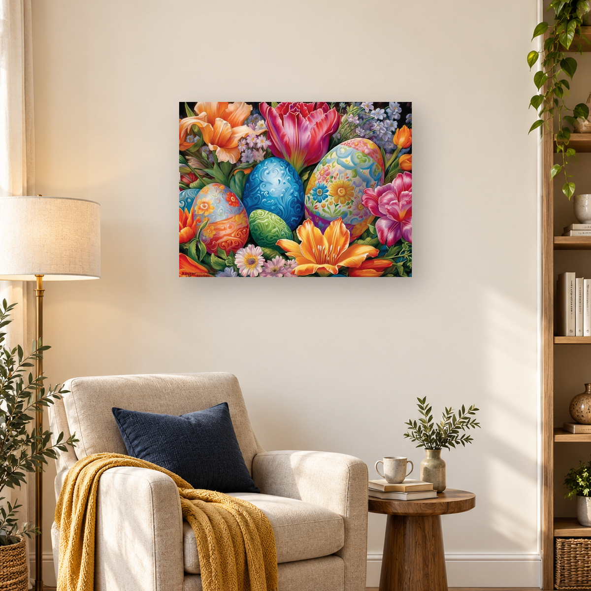 Colorful decorated Easter eggs nestled among orange lilies, pink tulips, and purple flowers — 03_lifestyle_hero