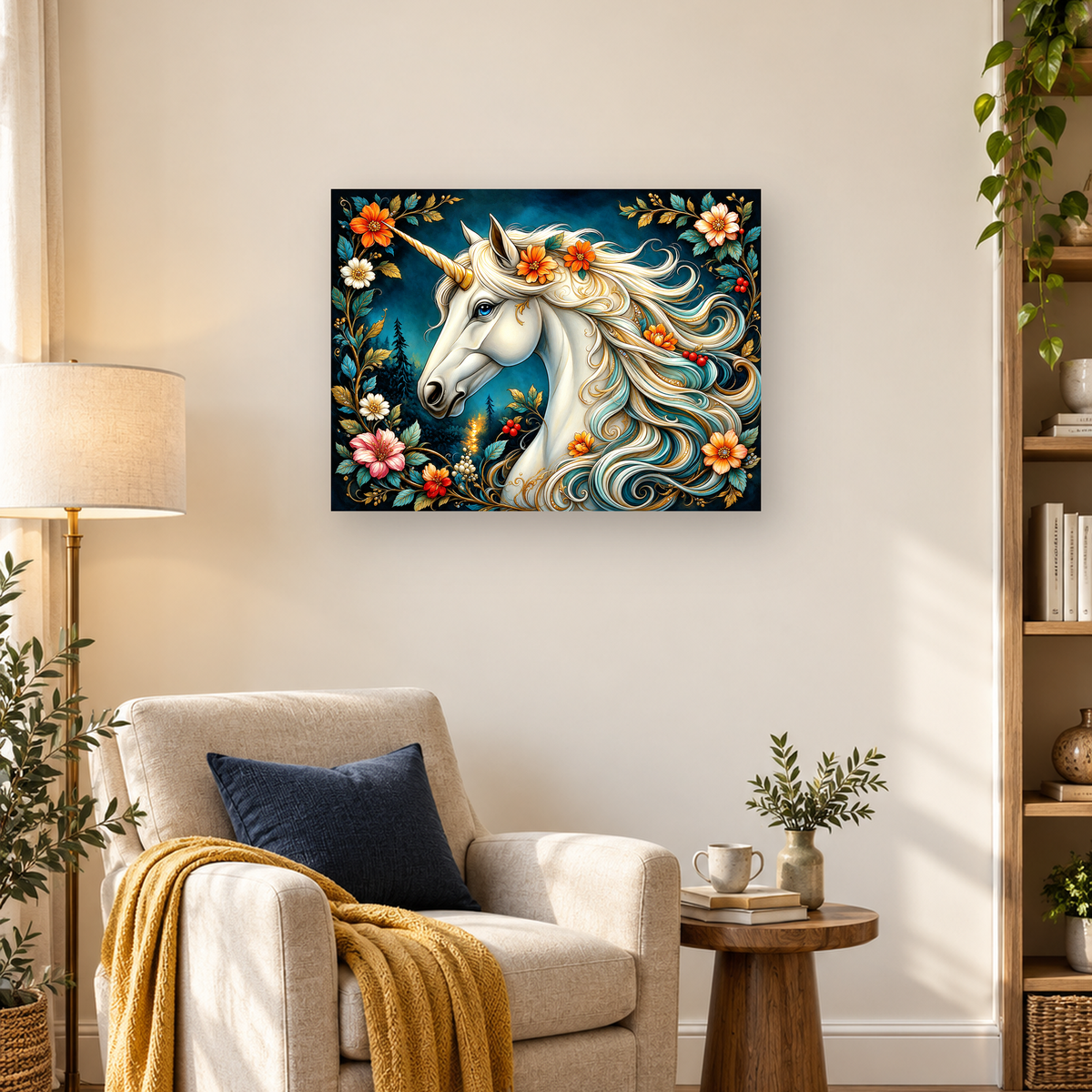 White unicorn with a floral turquoise mane, golden horn, and evergreen forest backdrop — 03_lifestyle_hero