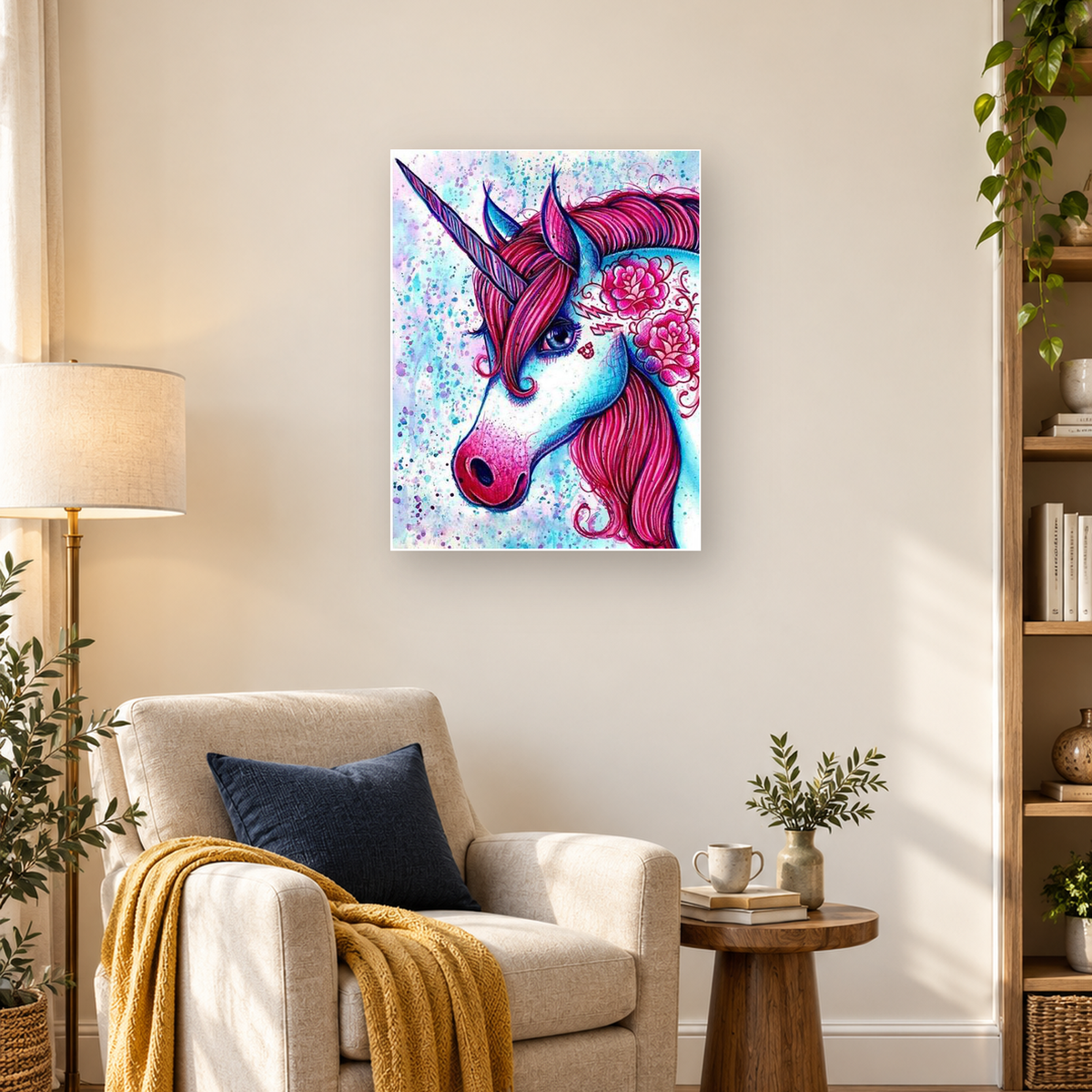Colorful blue unicorn portrait with a pink mane, spiraled horn, flowers, and a splattered pastel background — 03_lifestyle_hero