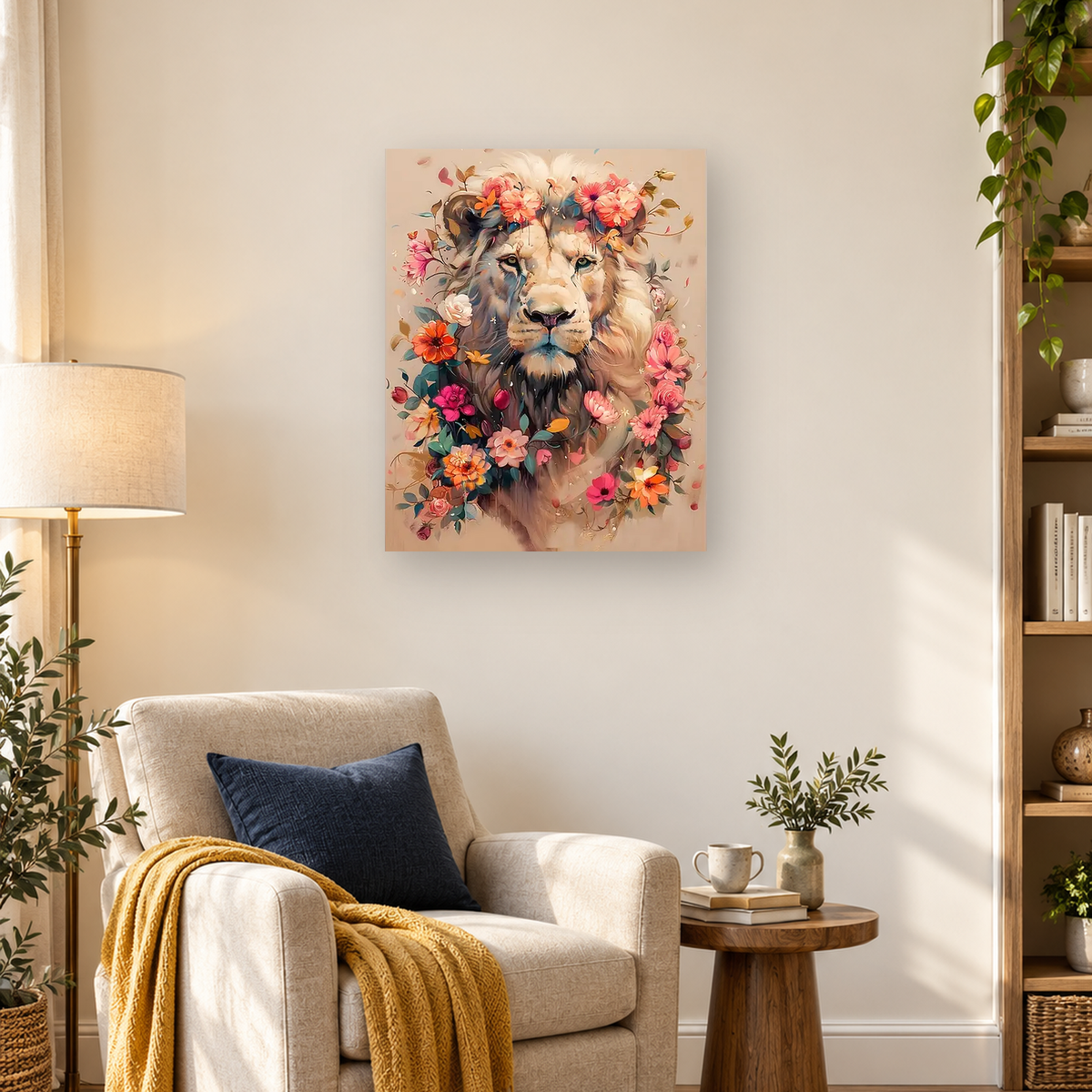 Frontal lion portrait with a full mane surrounded by pink, orange, and red flowers and green leaves. — 03_lifestyle_hero