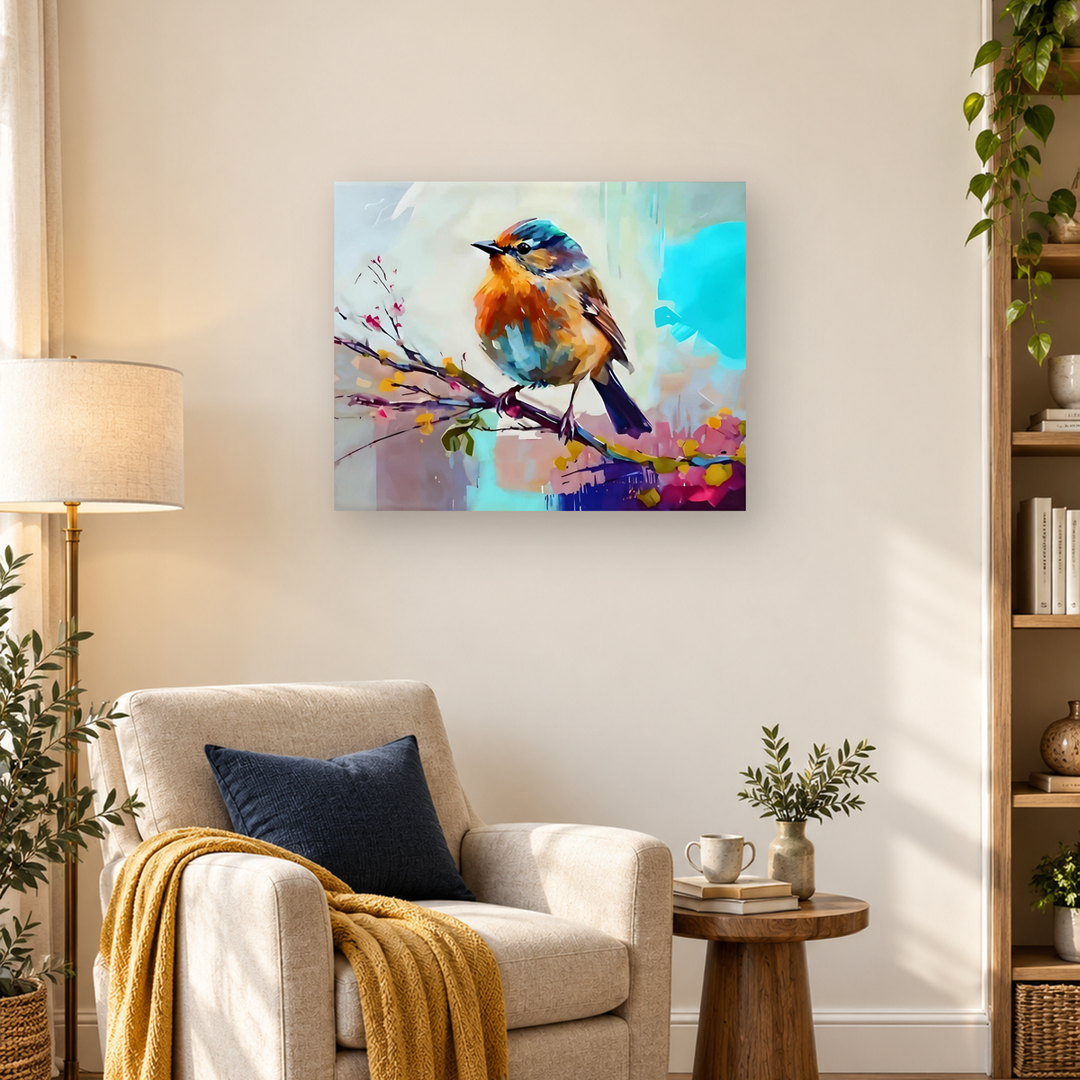 Colorful songbird with an orange breast perched on a flowering branch against a turquoise background. — 03_lifestyle_hero
