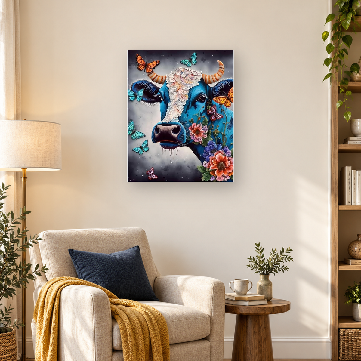 Blue bull portrait with striped horns, colorful butterflies, white forelock, and a floral arrangement — 03_lifestyle_hero