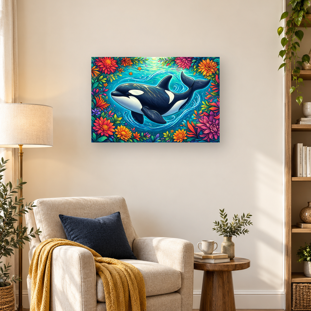 Black-and-white orca swimming through turquoise water, surrounded by colorful flowers and green leaves — 03_lifestyle_hero