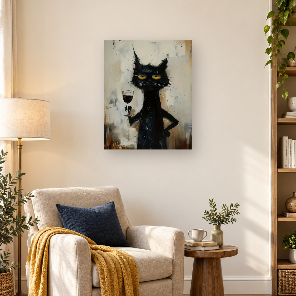 Upright black cat with bright yellow eyes holding a glass of dark red wine — 03_lifestyle_hero