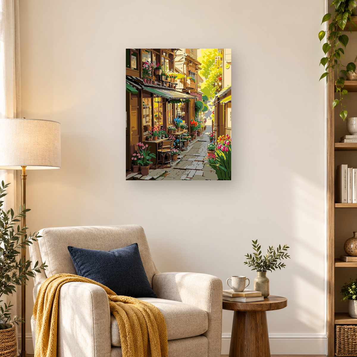 Sunlit flower-filled alley with wooden storefronts, green awnings, potted blooms, and a winding cobblestone path — 03_lifestyle_hero