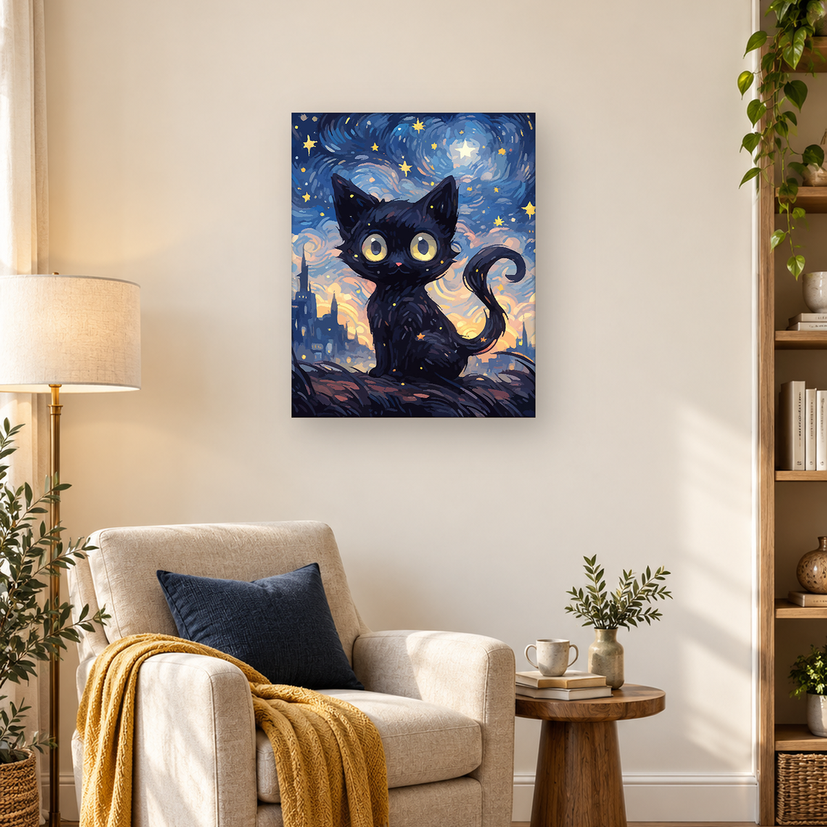 Black cat with glowing yellow eyes beneath a swirling blue starry sky and distant city buildings — 03_lifestyle_hero