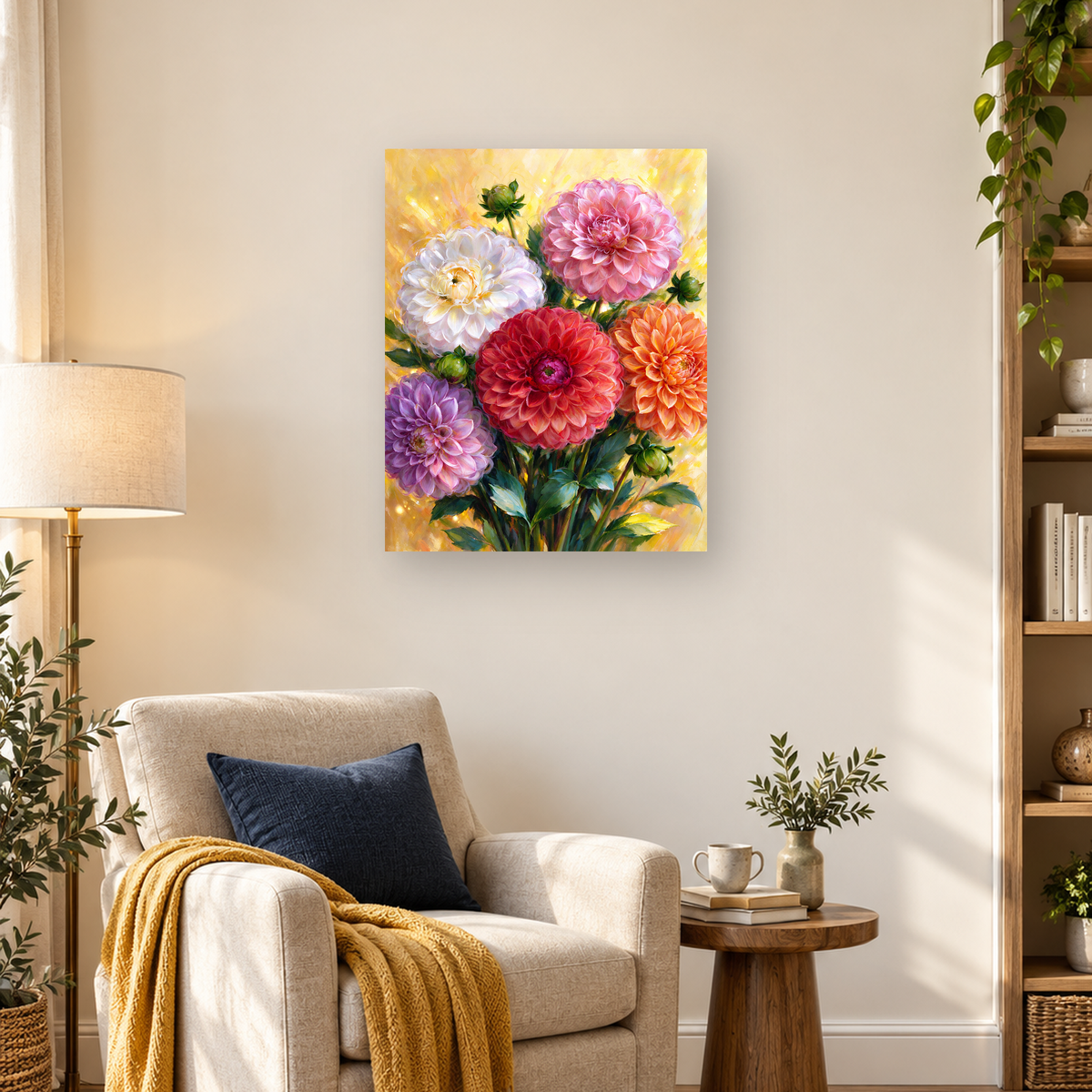 Painterly bouquet of pink, white, red, orange, and purple dahlias with green foliage on a golden background. — 03_lifestyle_hero