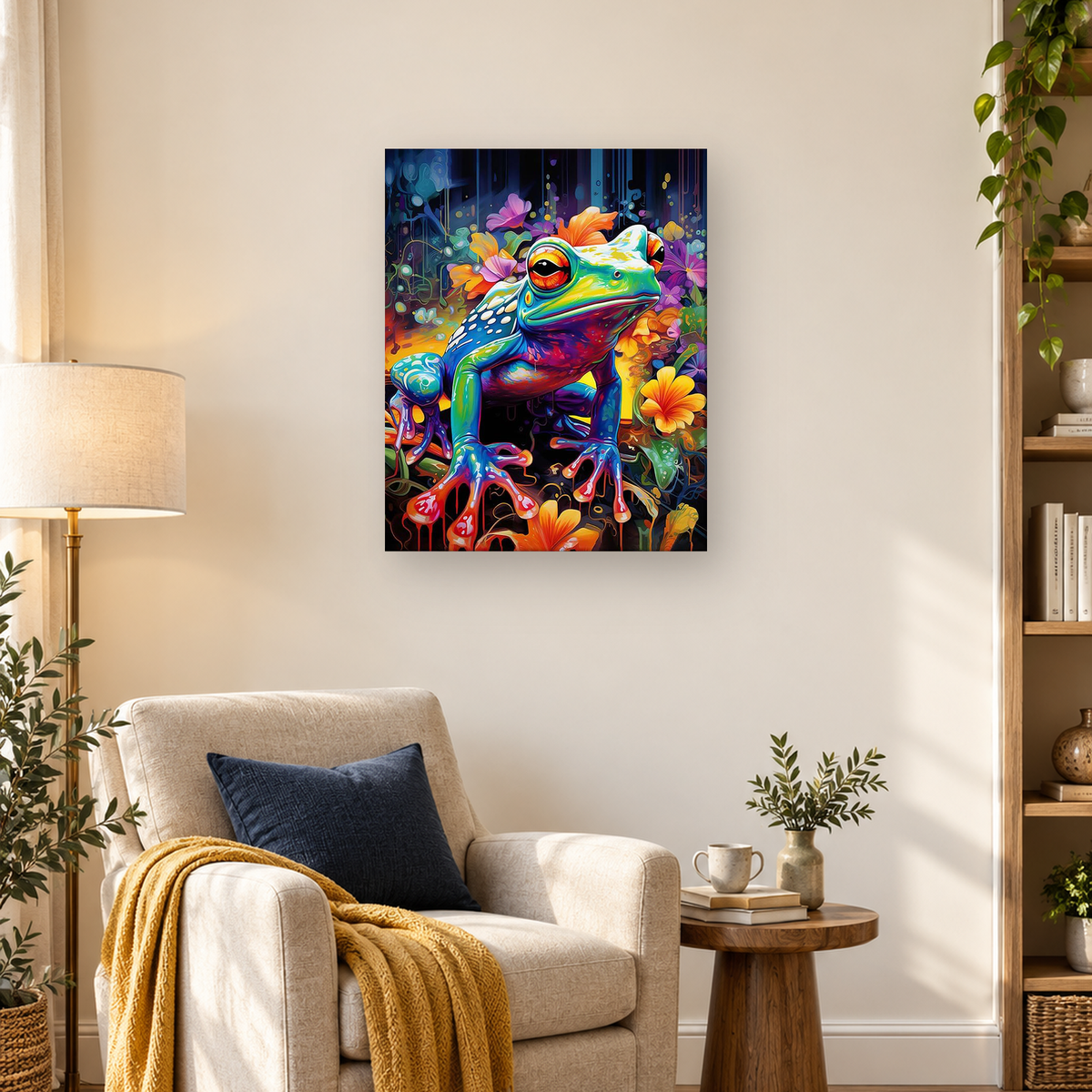 Vivid close-up frog with orange-red eyes surrounded by colorful flowers and a smaller frog — 03_lifestyle_hero