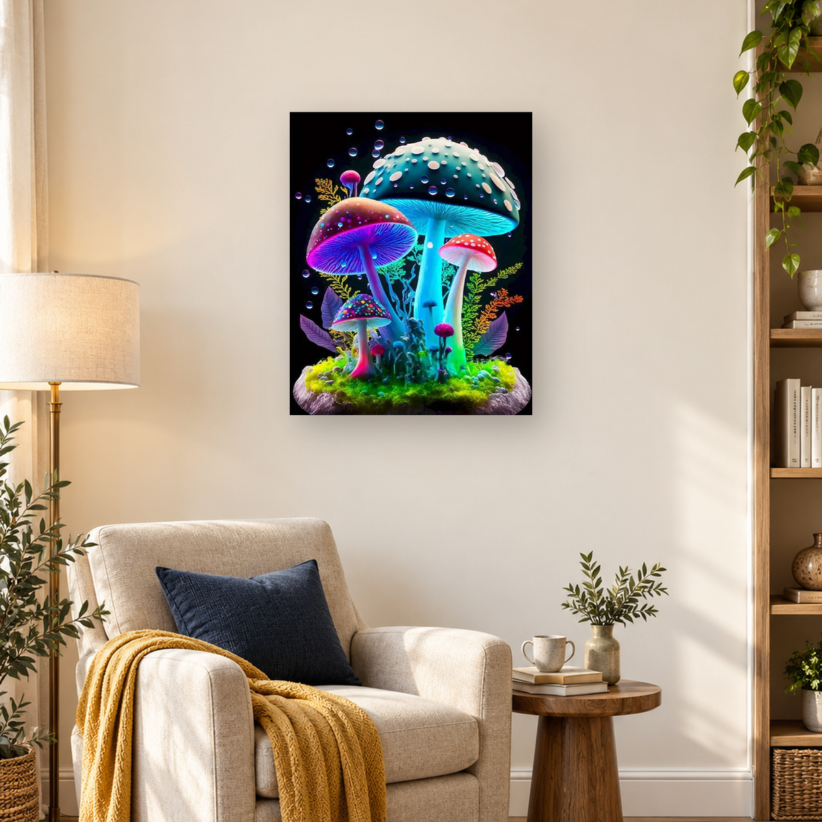 Neon fantasy mushrooms with glowing stems, moss, foliage, and floating bubbles on a black background — 03_lifestyle_hero