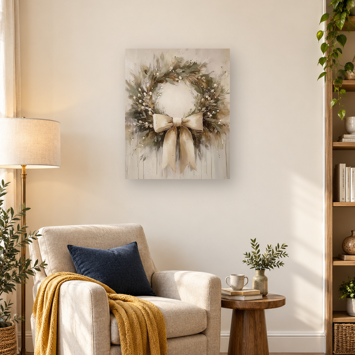 Painterly botanical wreath with muted greenery, pale berries, and a large cream ribbon bow