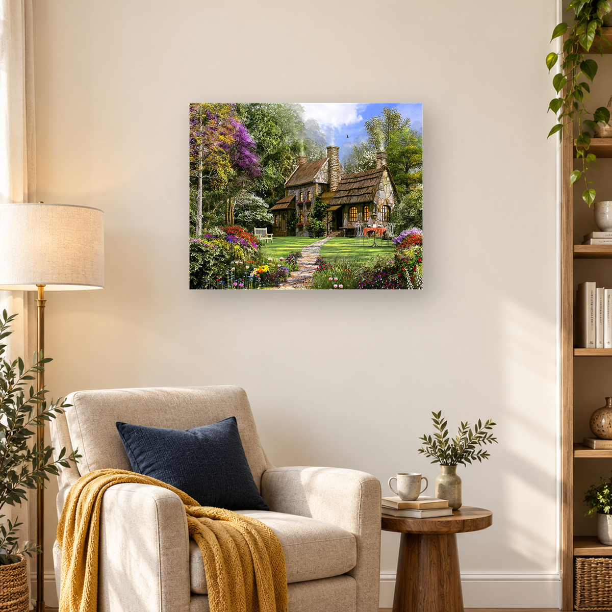 Stone cottage with thatched roofs surrounded by colorful flower beds, trees, and a winding garden path — 03_lifestyle_hero
