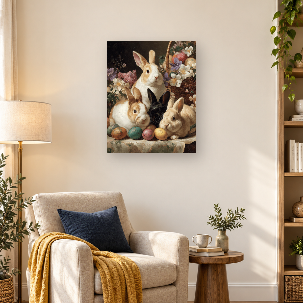 Four rabbits surrounded by flowers, a basket, and colorful painted eggs — 03_lifestyle_hero