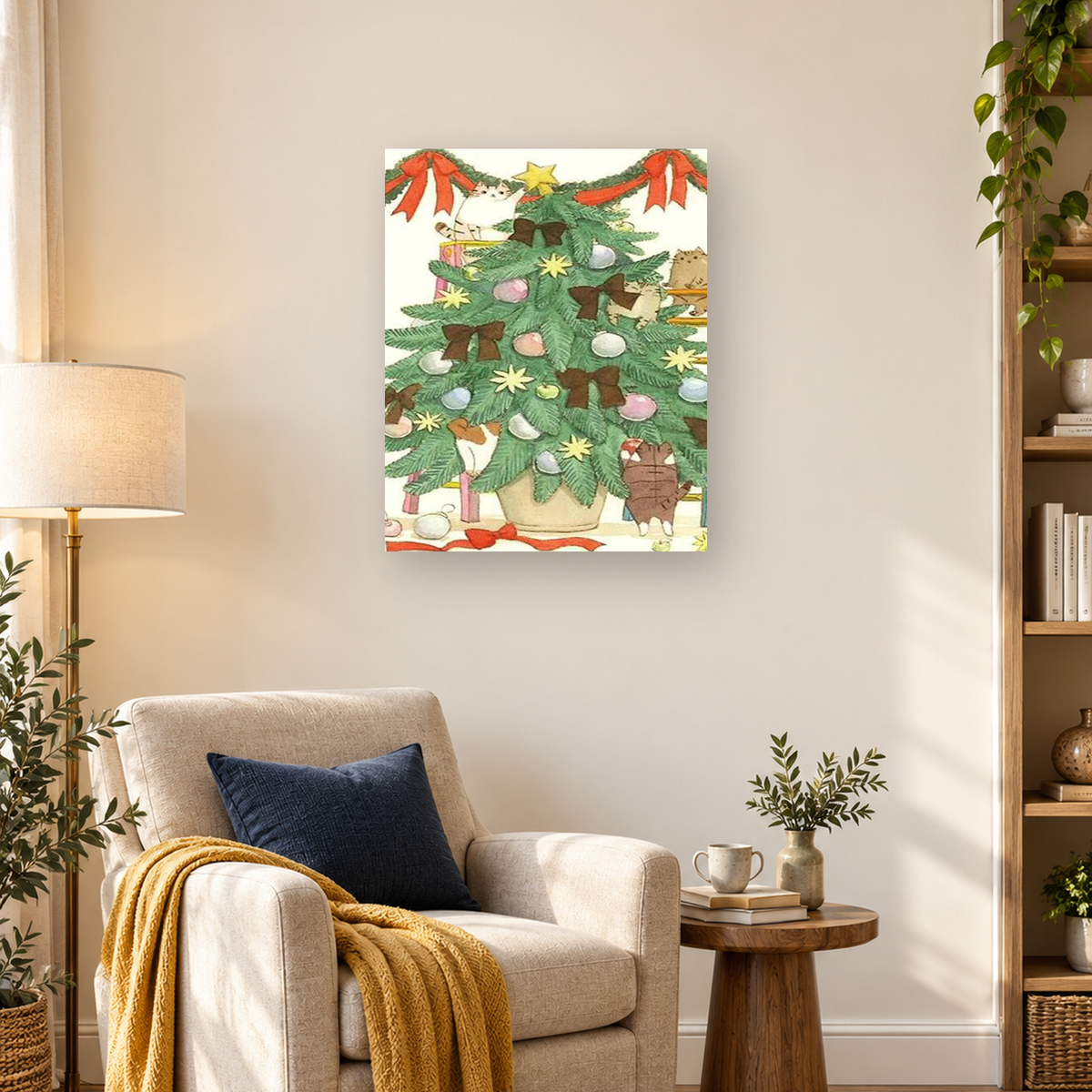 Whimsical Christmas tree decorated with ribbons and ornaments, surrounded by playful cats. — 03_lifestyle_hero