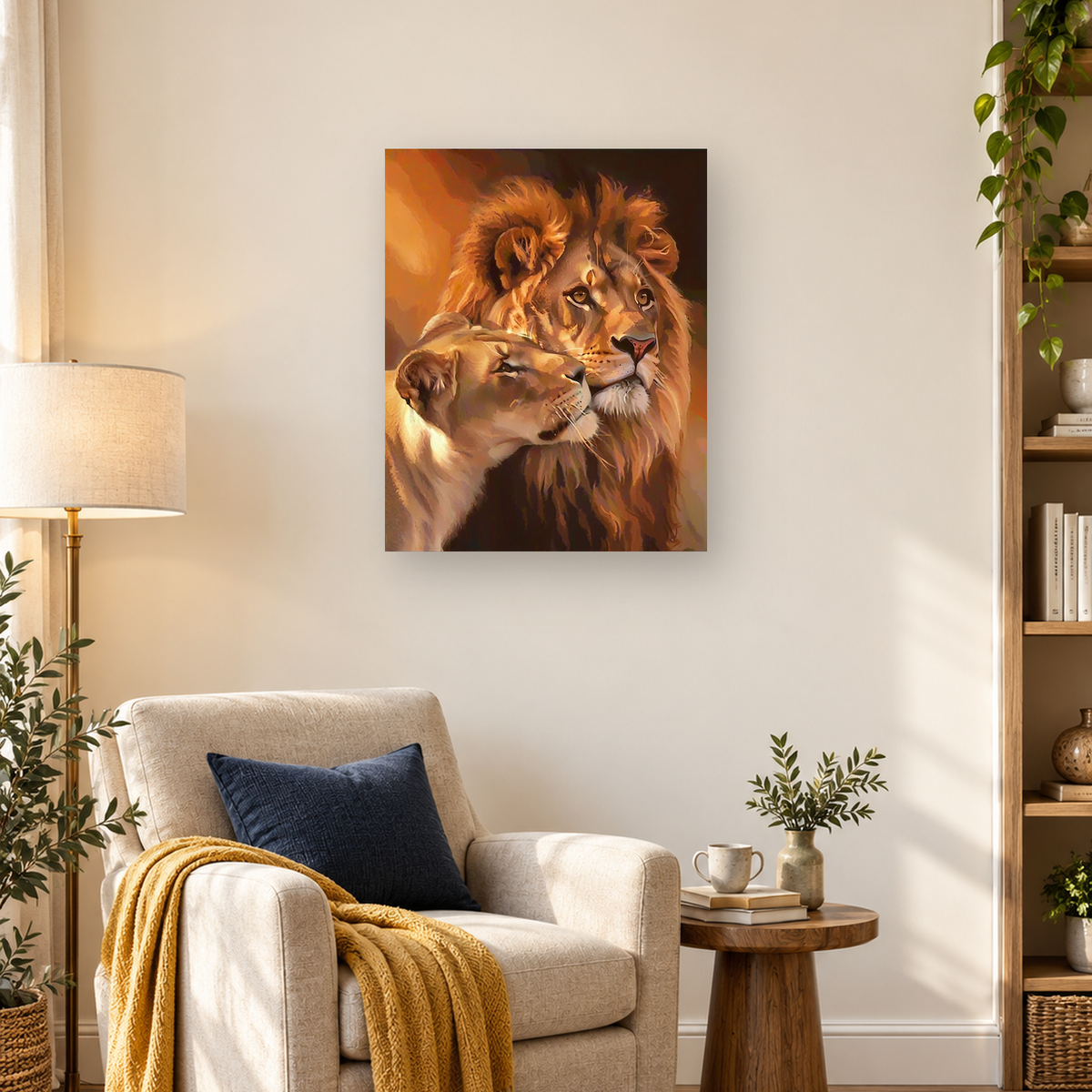 Close-up digital painting of an adult male lion and young lion with overlapping faces and a flowing mane. — 03_lifestyle_hero
