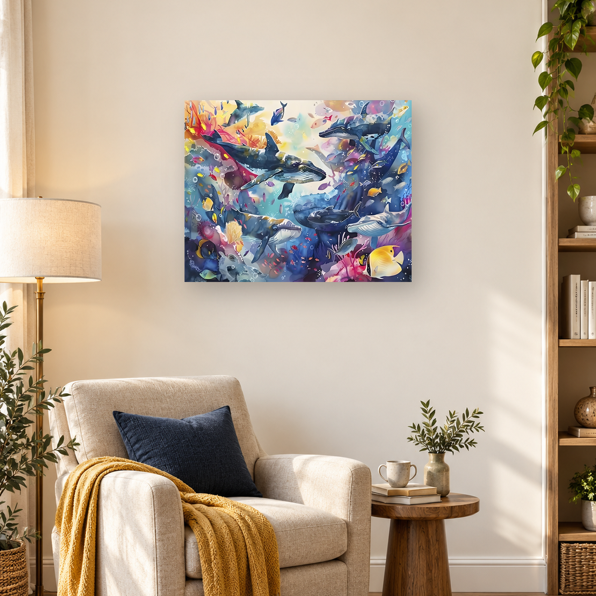 Colorful underwater scene with whales, sharks, tropical fish, coral, sea plants, and bubbles — 03_lifestyle_hero