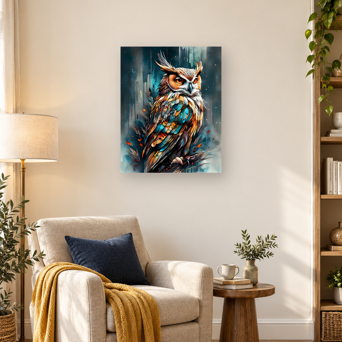 Colorful owl with bright orange eyes perched on a branch against a teal abstract forest background — 03_lifestyle_hero