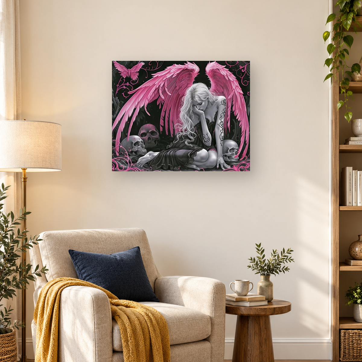 Seated tattooed woman with large pink wings, skulls, vines, and a butterfly in a dark gothic scene — 03_lifestyle_hero