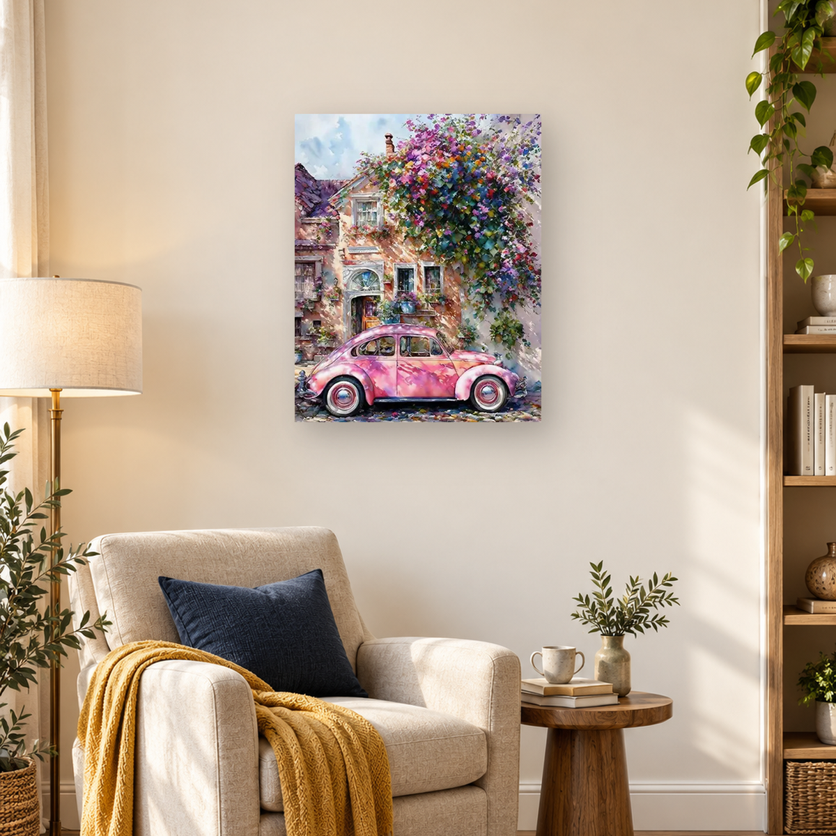 Watercolor artwork of a pink vintage car parked before a flower-covered townhouse. — 03_lifestyle_hero