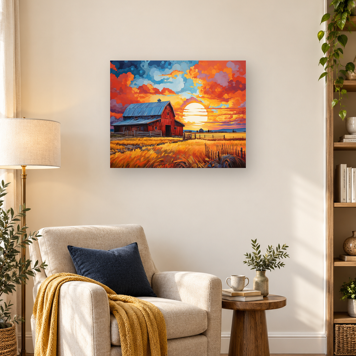 Painterly red barn beside a fenced wheat field beneath a bright, cloud-filled sunset. — 03_lifestyle_hero