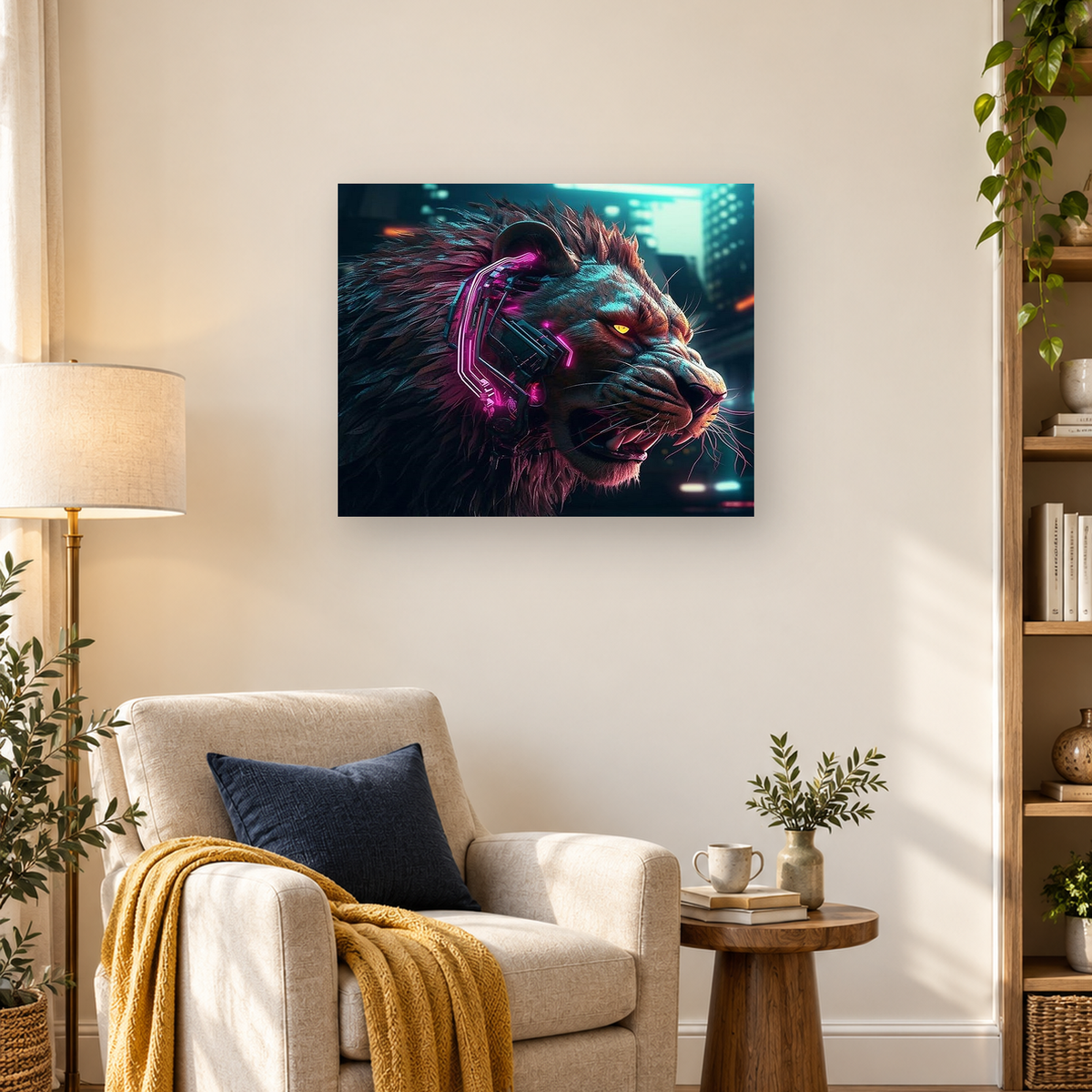 Close-up cyberpunk lion with a glowing yellow eye and neon magenta mechanical device — 03_lifestyle_hero