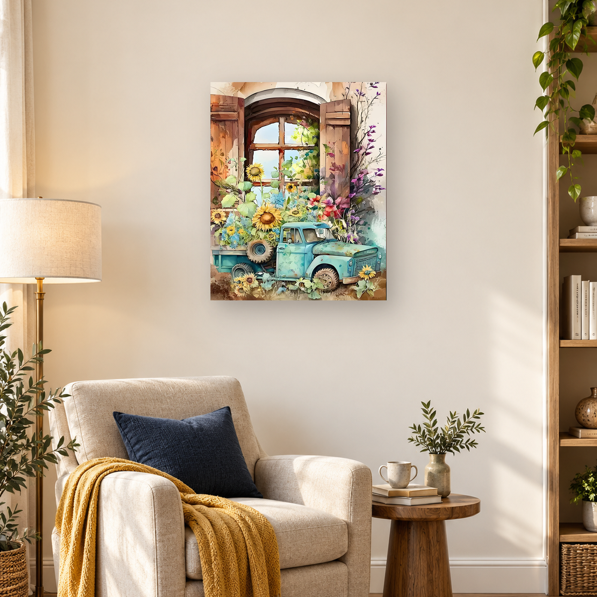 Watercolor-style turquoise vintage pickup truck surrounded by sunflowers and colorful flowers beneath a rustic window. — 03_lifestyle_hero