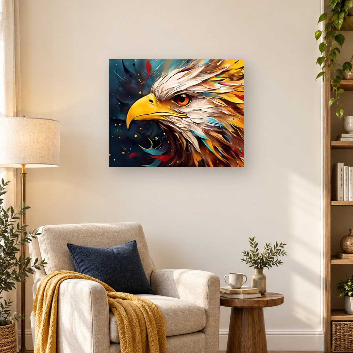 Close-up bald eagle with a golden beak and orange eye against a colorful abstract background — 03_lifestyle_hero