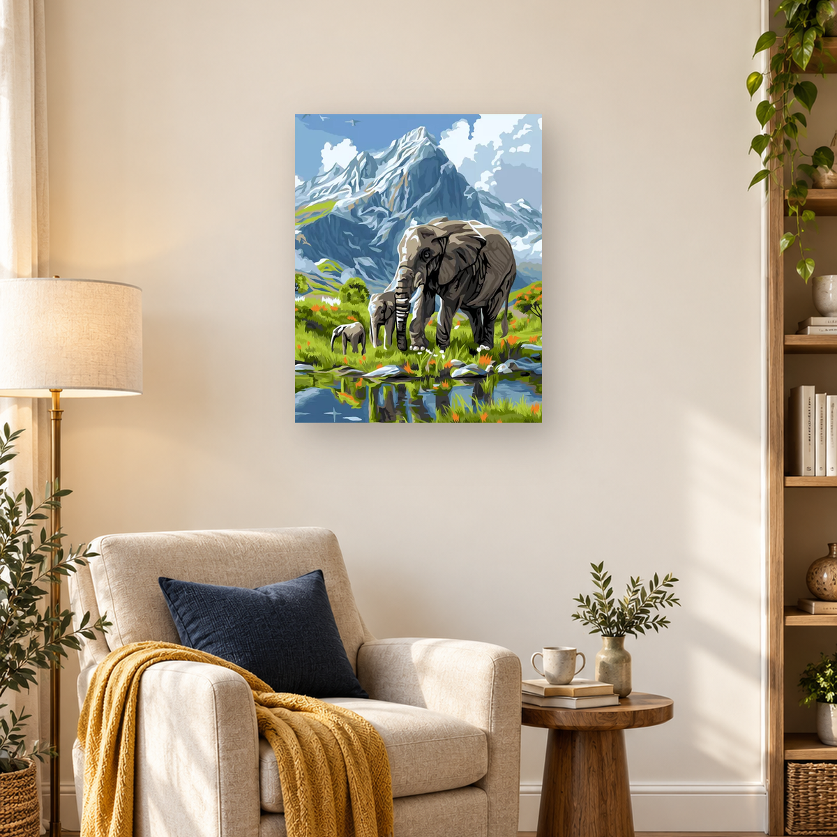 Elephant family in a flower-filled meadow with a reflective pond and snow-capped mountain — 03_lifestyle_hero