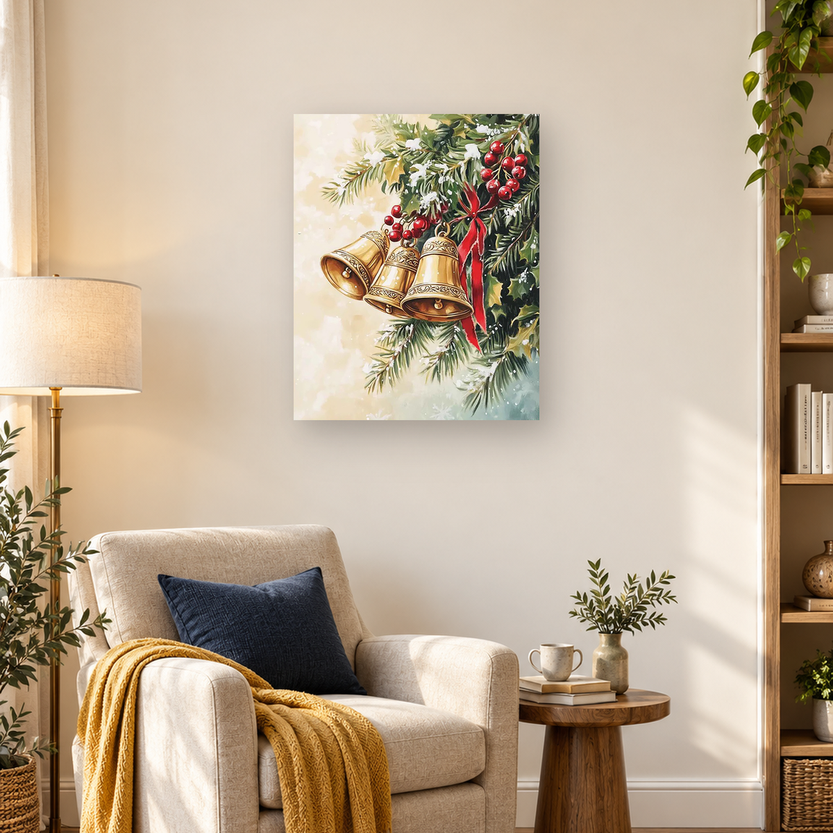 Ornate golden Christmas bells hang among evergreen branches, red berries, white blossoms, and a red ribbon.