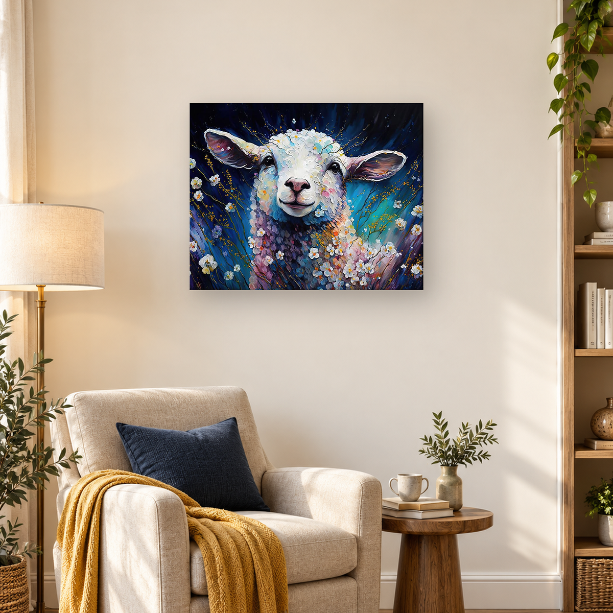 White lamb portrait with pastel blossoms and gold-accented branches on a deep blue background — 03_lifestyle_hero