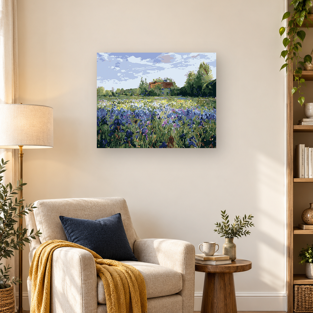 Painterly wildflower meadow leading to a small rural house beneath trees and a cloudy blue sky. — 03_lifestyle_hero