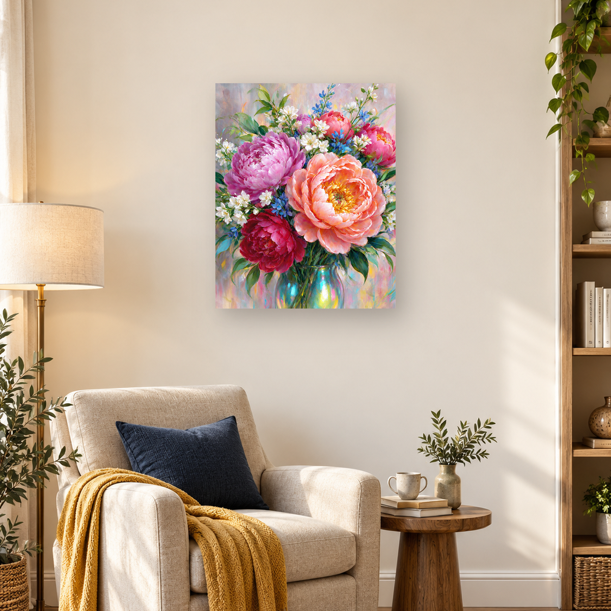 Colorful pink, coral, and red peonies with blue and white flowers in an iridescent glass vase — 03_lifestyle_hero