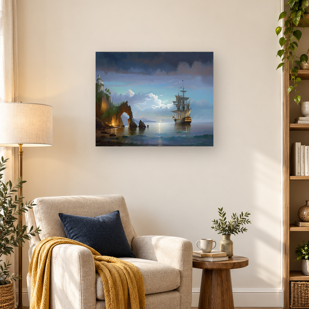 Painterly coastal scene with a tall sailing ship, lighthouse, rocky arch, palm trees, and reflective water. — 03_lifestyle_hero