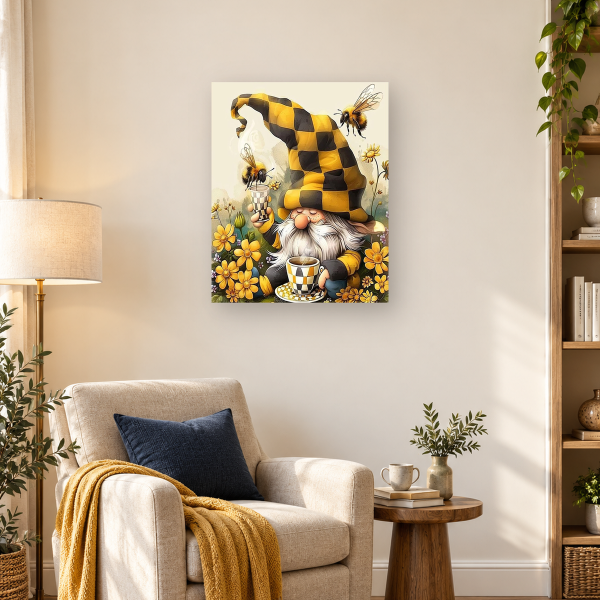 Bearded garden gnome in a checkered hat enjoying tea among yellow flowers and hovering bees
