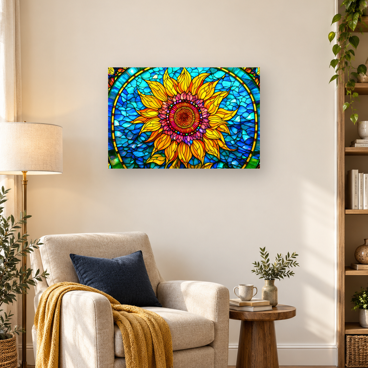 Vibrant stained-glass sunflower medallion with yellow petals and a blue mosaic background — 03_lifestyle_hero