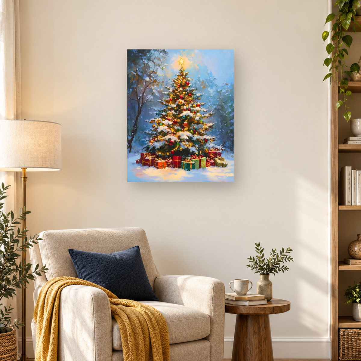Painterly Christmas tree with a glowing star, colorful ornaments, snow, and wrapped presents in a woodland setting