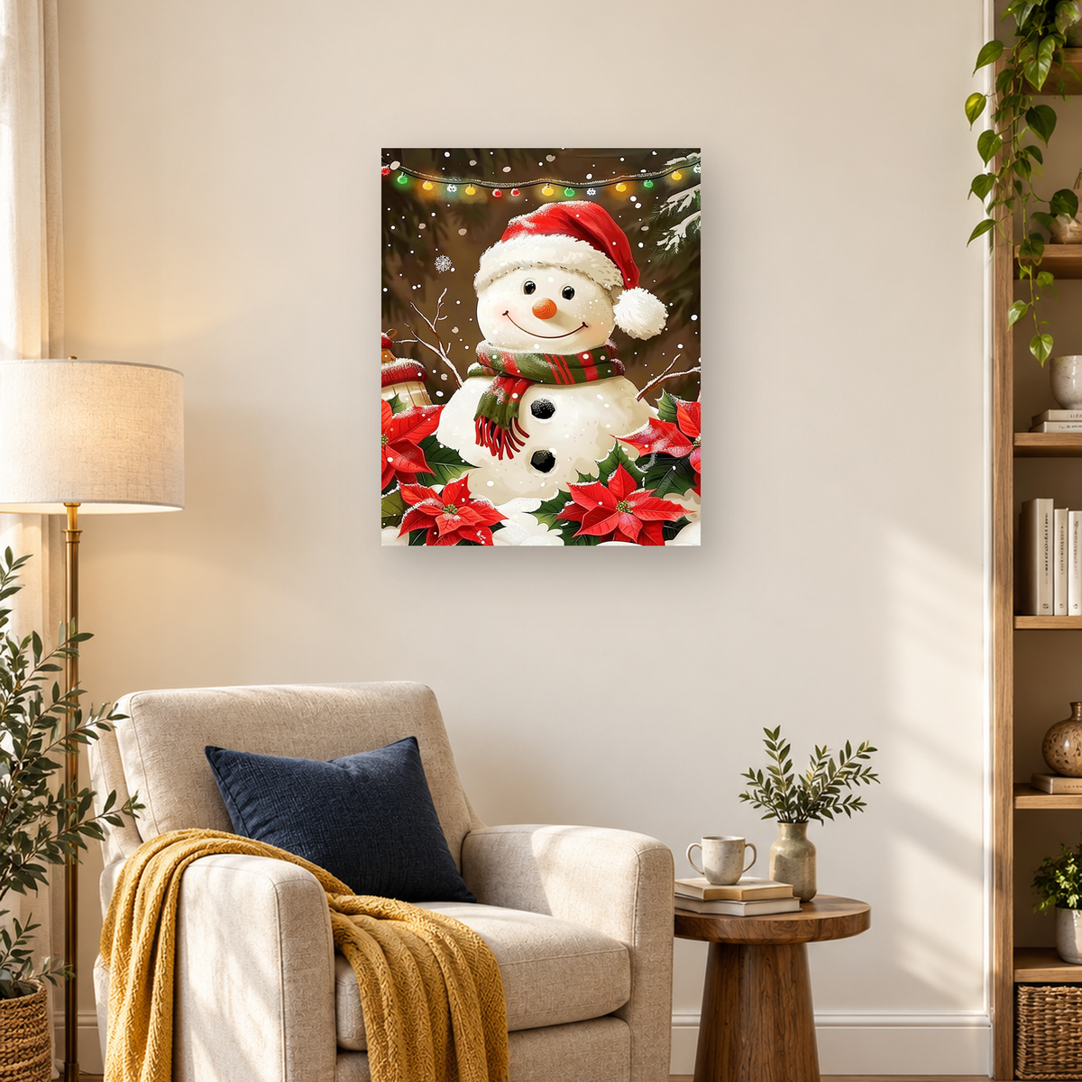 MalaMind Gallery V3 | 03 Lifestyle Hero | CH-260921-084 | Smiling snowman in a Santa hat surrounded by snowy poinsettias, evergreen branches, and colorful holiday lights