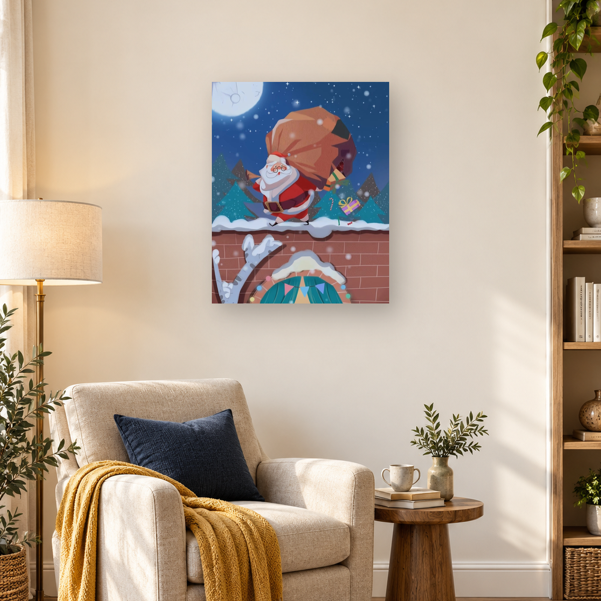 Cartoon Santa carrying a large sack across a snowy rooftop beneath a starry moonlit Christmas sky — 03_lifestyle_hero