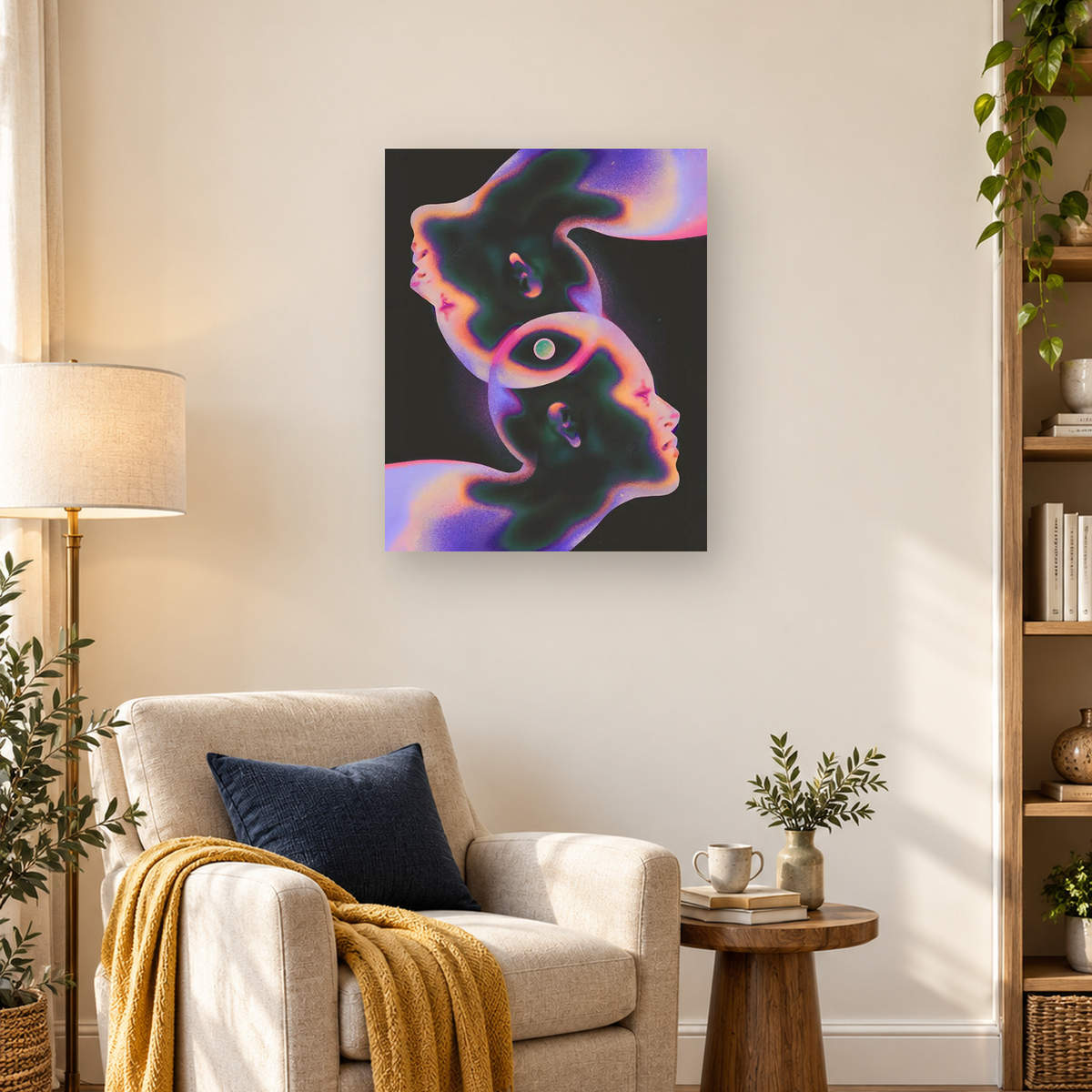 Neon surreal artwork showing two intertwined human profiles around a glowing central eye. — 03_lifestyle_hero