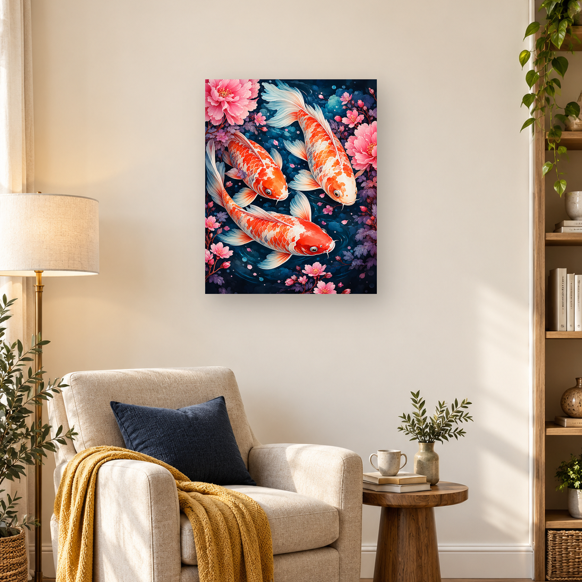 Orange-and-white koi fish swimming among pink blossoms and purple leaves in dark blue pond water — 03_lifestyle_hero