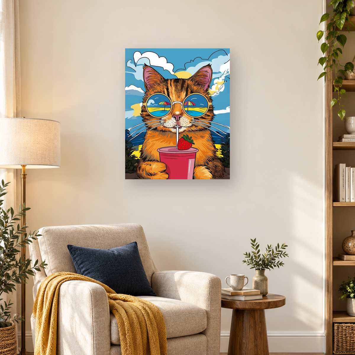 Orange tabby cat in blue sunglasses sipping a pink strawberry drink against a beach scene — 03_lifestyle_hero
