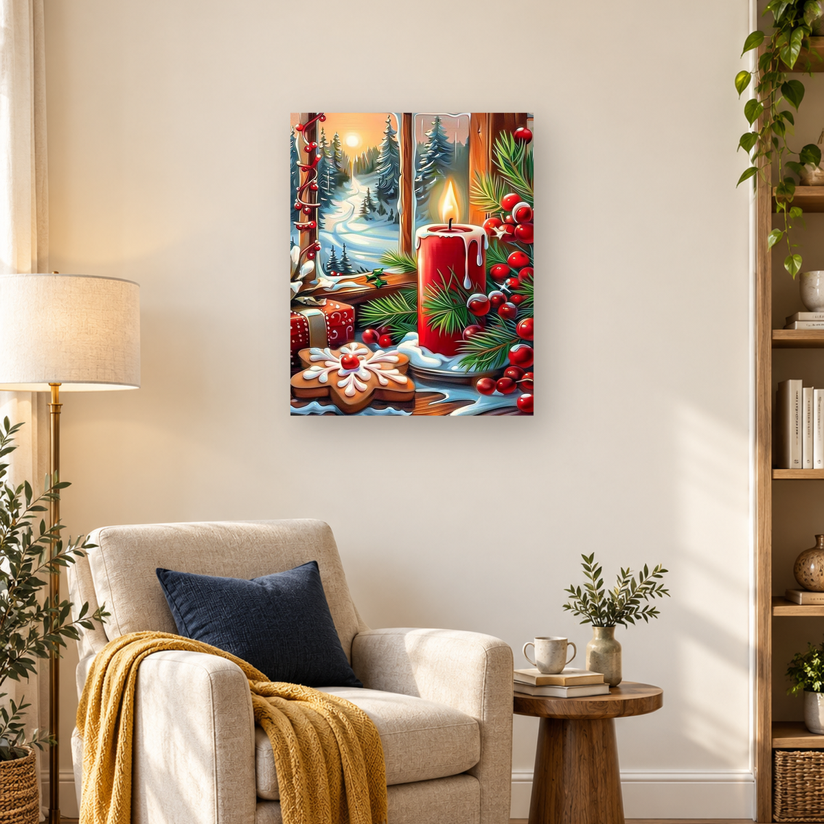MalaMind Gallery V3 | 03 Lifestyle Hero | CH-260921-077 | Red Christmas candle surrounded by pine, berries, gingerbread cookies, gifts, and a snowy forest view