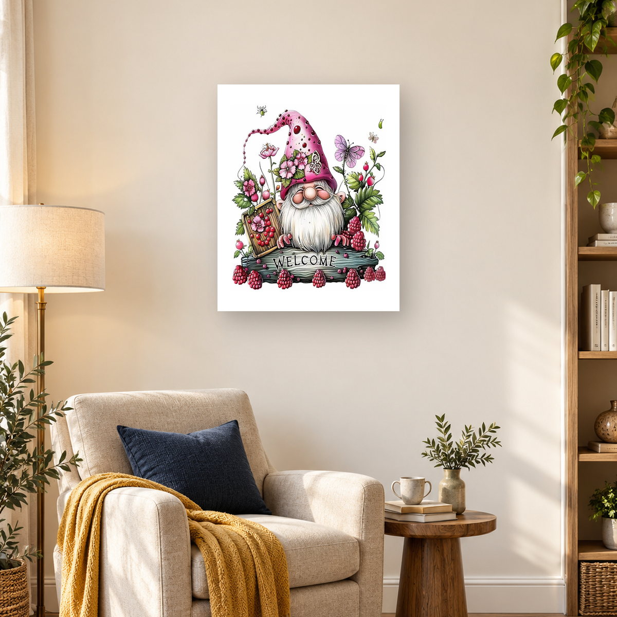 Garden gnome in a berry-covered pink hat surrounded by flowers, berries, butterflies, and a welcome sign