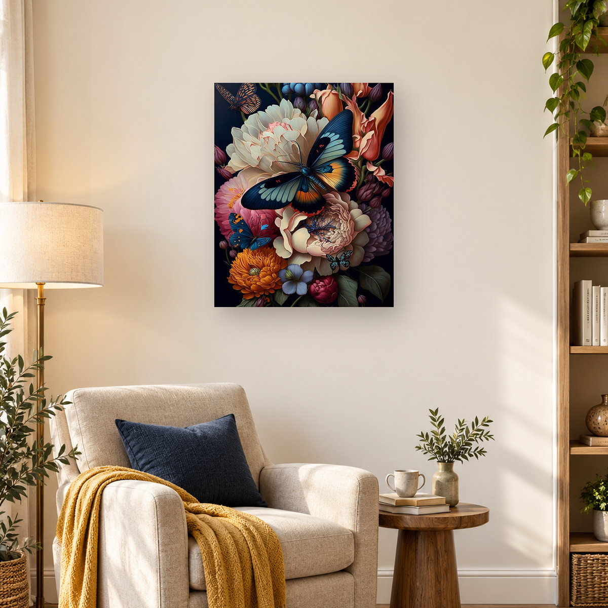 Blue-black butterflies resting among layered cream, coral, orange, and pink flowers on a dark background. — 03_lifestyle_hero