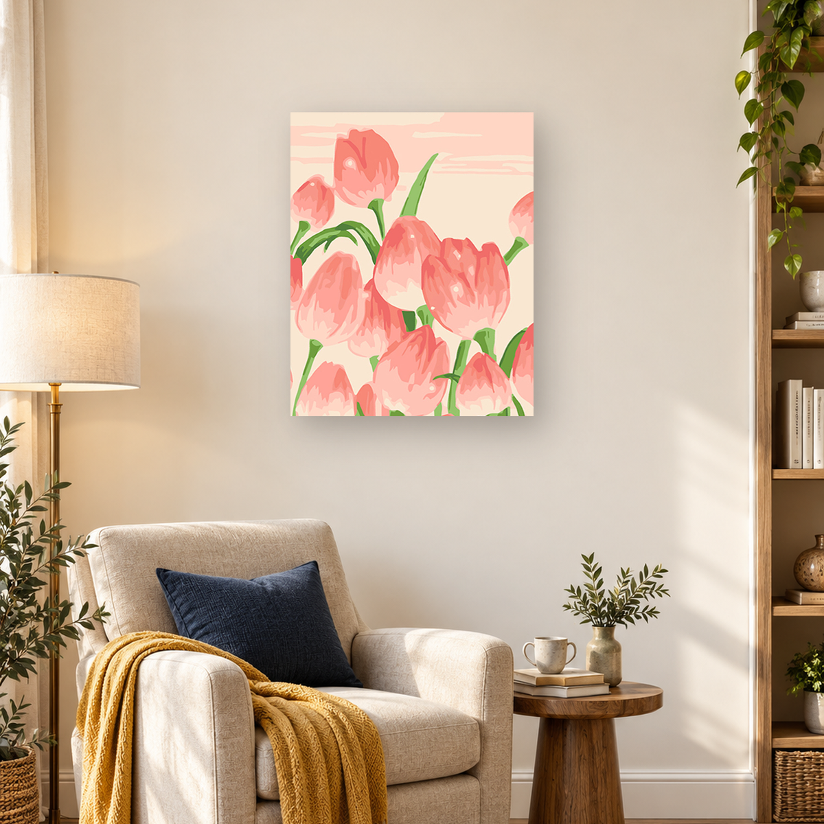 Overlapping coral pink tulips with green stems and leaves on a cream background — 03_lifestyle_hero