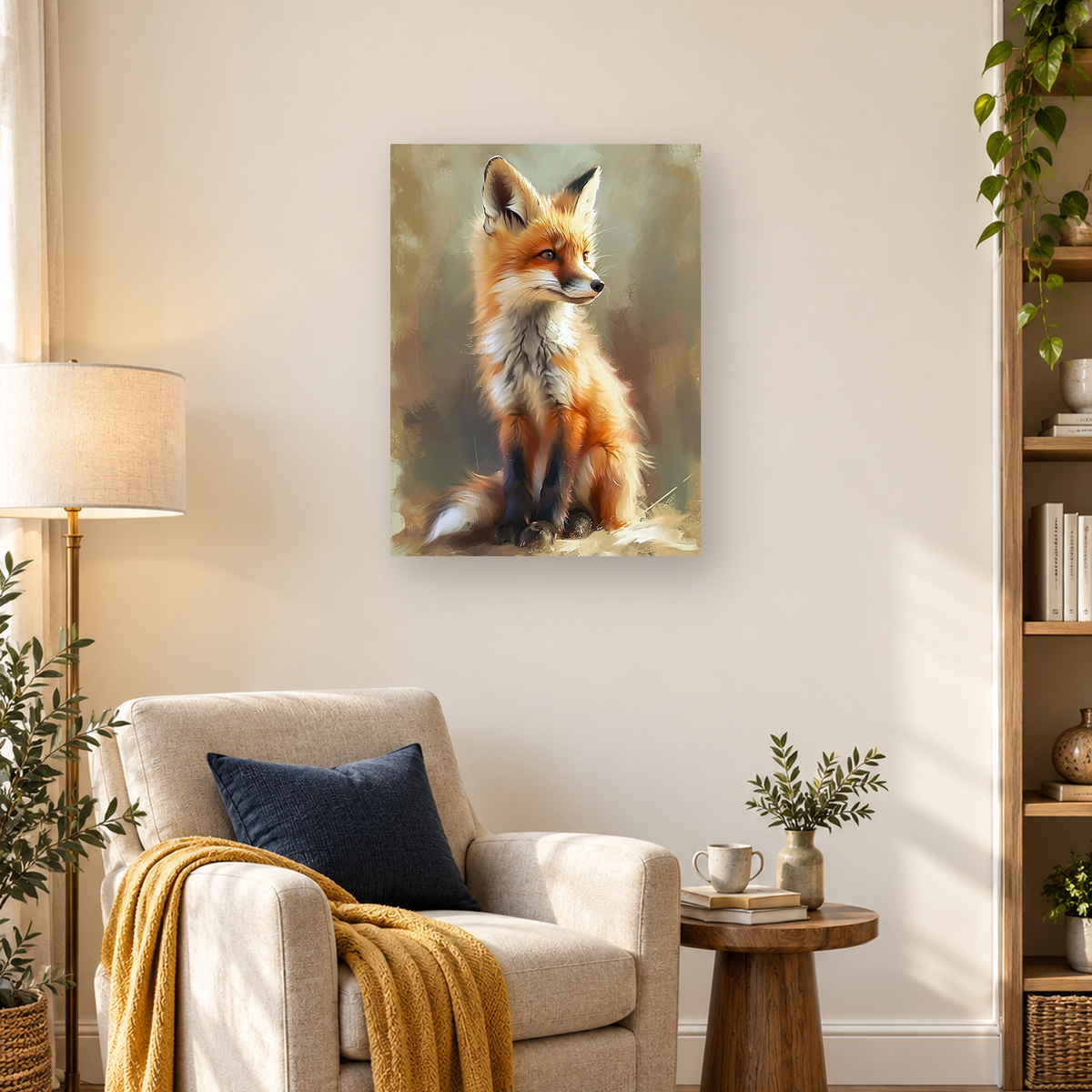 Seated red fox with bright eyes, upright ears, fluffy fur, and curled tail on a muted earthy background — 03_lifestyle_hero
