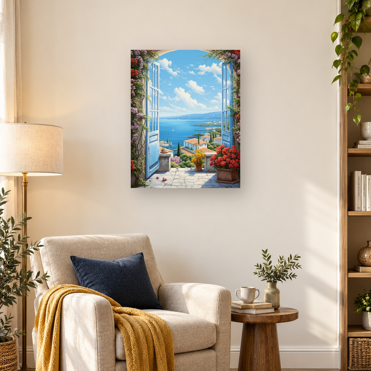Blue-shuttered window framed by flowers overlooking a Mediterranean village, blue sea, hills, and boats — 03_lifestyle_hero